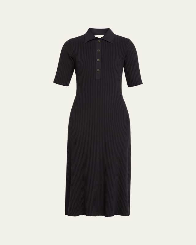 Ribbed Elbow-Sleeve Polo Midi Dress